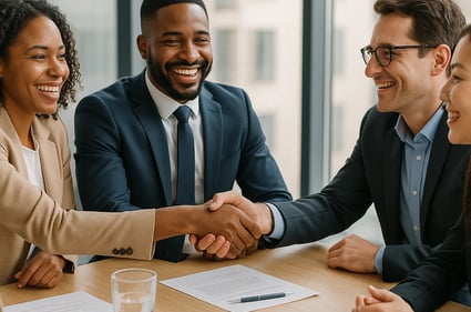 a group of people shaking hands over a table