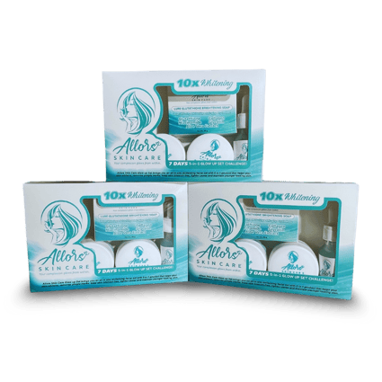 Allors Skin Care 10x Whitening set boxes with brightening soap and skincare for 7-day glow challenge.