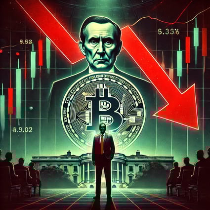 a man in a suit and tie standing in front of a large bitcoin
