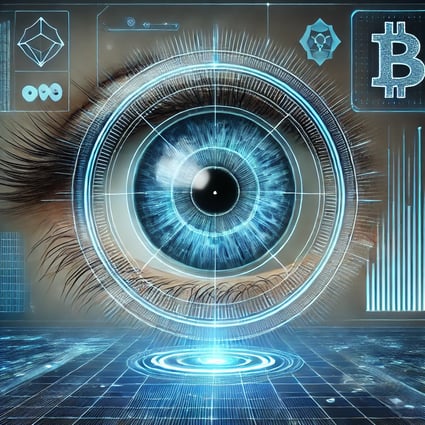 a person with a futuristic eye looking at a bitcoin