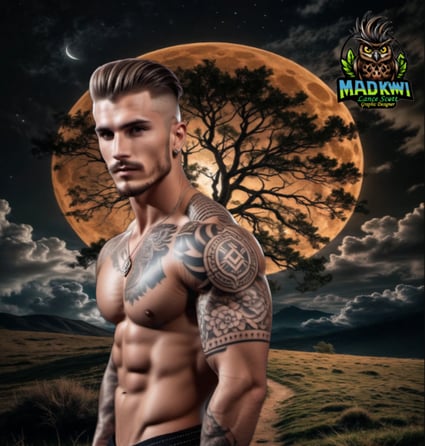 a man with tattoos on his chest and with moonlit evening making him dreamy