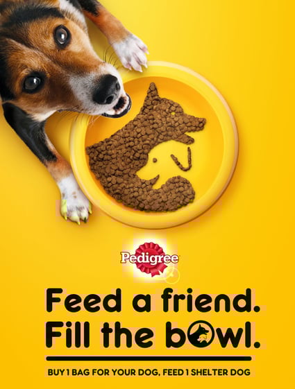 "Pedigree 'Feed a Friend. Fill the Bowl.' campaign visual showing a happy dog looking up beside a ye