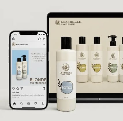 Mockup que muestra un frasco de producto Lenixelle y la tienda online visible en un smartphone