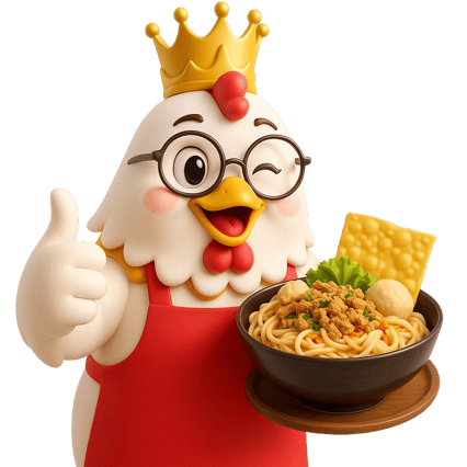 Maskot ayam lucu dengan mahkota membawa mangkuk mie ayam, logo Mie Ayam RATU