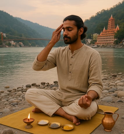 a man doing bhuta shuddhi by ganga in rishikesh