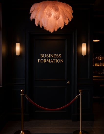 black paneled door with gold ‘Business Formation’ signage, framed by red velvet rope stanchions and 