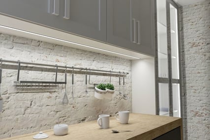 a kitchen counter top with a potted plant in the middle