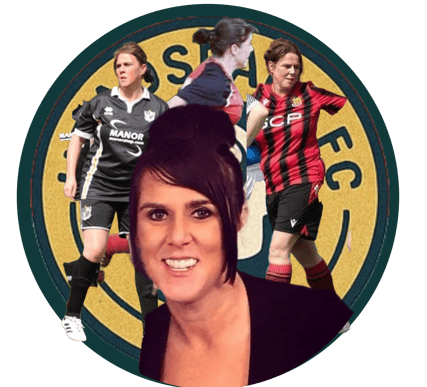 a woman in a black top and a soccer player in a red shirt