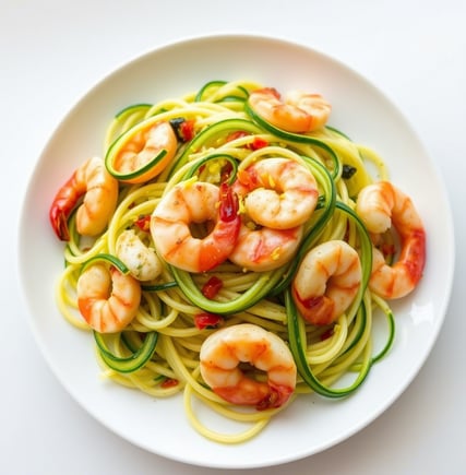 Sautéed shrimp with zucchini noodles, garnished with fresh herbs