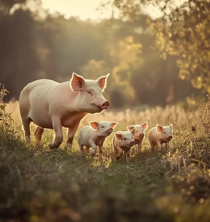 Moeder varken met haar biggetjes lopen door een veld