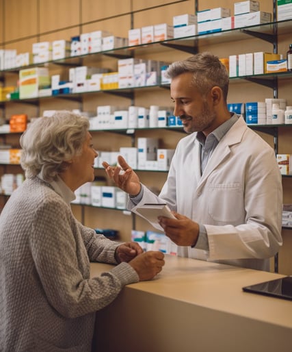 Un pharmacien assiste une femme dans la gestion de son officine