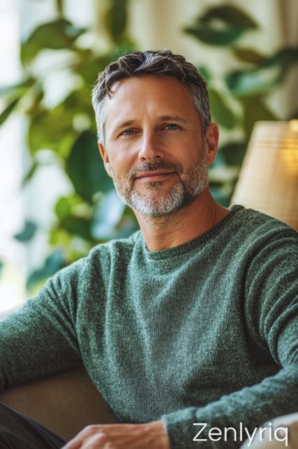 relaxed mature man seated indoors, symbolizing stable blood sugar and calm energy