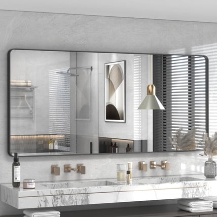 a bathroom with a marbled vanity and a mirror