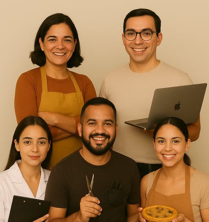 Grupo de pequenos empreendedores sorridentes segurando ferramentas de trabalho, representando difere