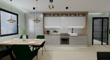 a kitchen with a table and chairs and a table