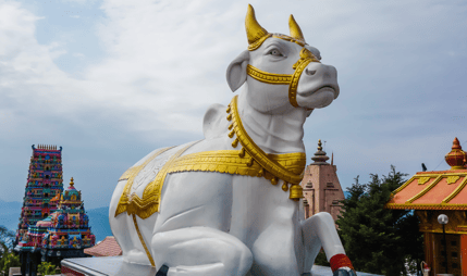 a statue of a cow in a temple