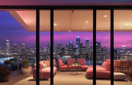 a living room with a couch and a view of the city