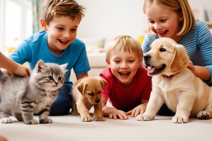 a group of children playing with kitten and kitten