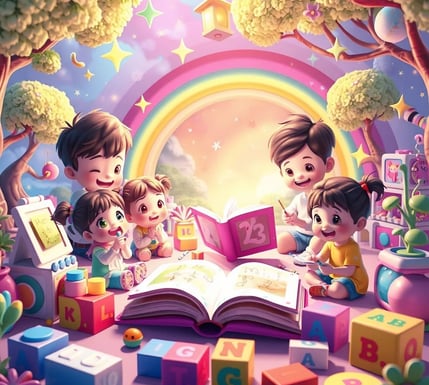 Crianças brincando e aprendendo em um mundo mágico cheio de livros, brinquedos e cores.