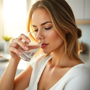 a woman drinking water from a glass of water