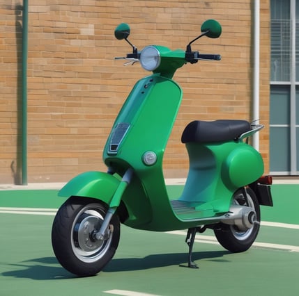 A green electric scooter is parked in front of dense green bushes. The scooter has black handles and a visible branding logo.