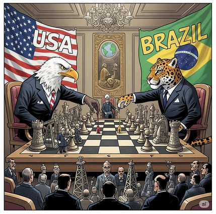 Uma charge política que retrata os EUA e o Brasil como adversários estratégicos. Uma águia-careca, v