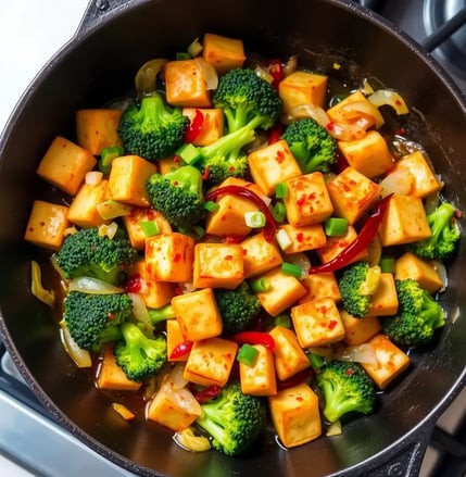 A quick and healthy meal prep featuring crispy tofu, vibrant broccoli, and a glossy, spicy sauce.