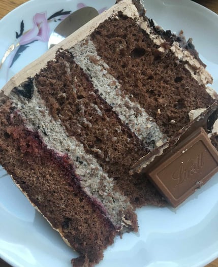 a piece of cake with chocolate frosting on a plate