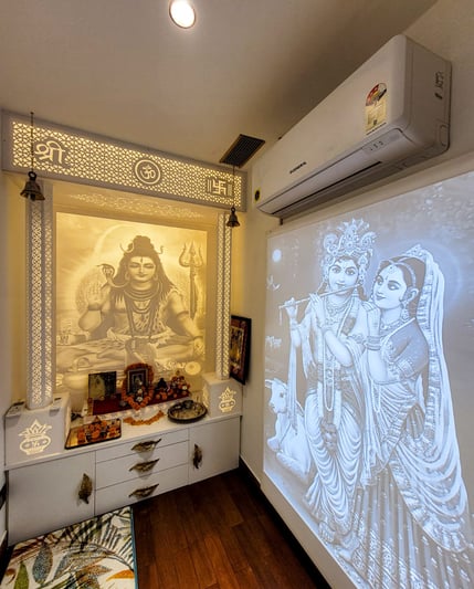 A serene home temple featuring a glowing Lord Shiva backdrop, intricate carvings, traditional bells,