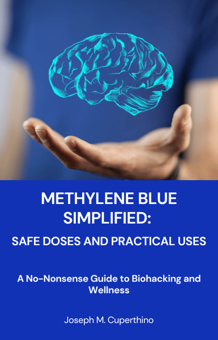An e-book cover for "Methylene Blue Simplified: Safe Doses and Practical Uses