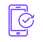 Minimalist icon of a clock encircled by an arrow with a check mark, in purple and white, representin