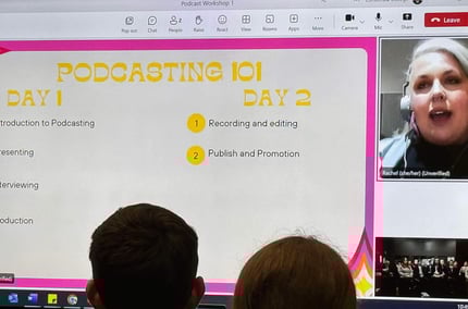 A classroom of students looking at a big screen with text saying Podcasting 101