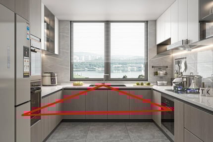a kitchen with a red triangle shaped triangle shaped kitchen