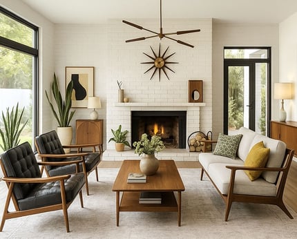 Spacious Mid-Century living room with low-profile sofas, wood beams, and sunburst clock