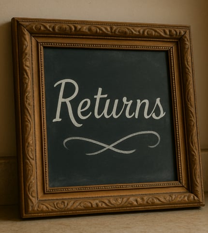 a chalkboard sign that says returns