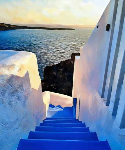 Realist GFX image of an iconic Santorini staircase