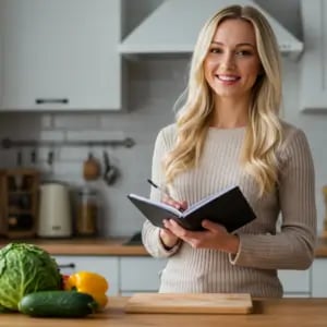 A smiling woman in a kitchen holding a notebook, surrounded by fresh vegetables.