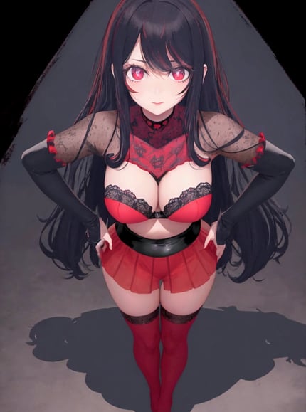 a woman in a red dress and stockings with a red dress