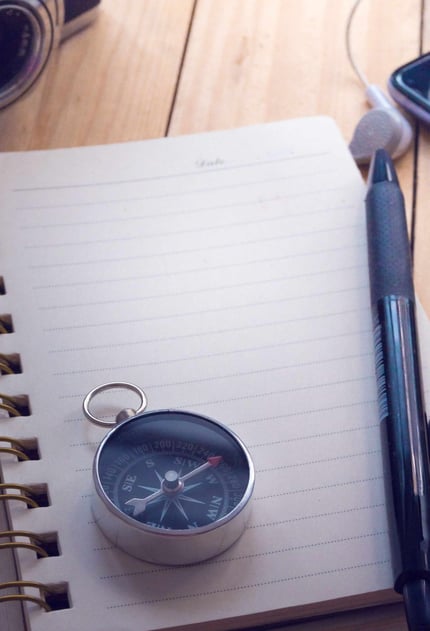 A compass on top of a notebook, with a pen and camera on the side