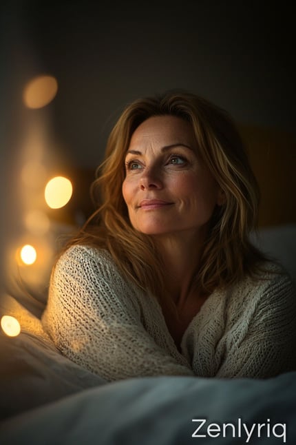 smiling woman in cozy bedroom lighting, representing peaceful wellness and gentle evening routine