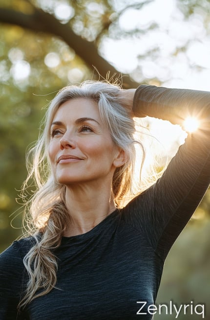 active woman looking up joyfully, celebrating mobility and natural joint care