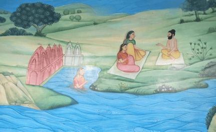 Sage Kapila teaching Sankhya Yoga to Devahuti at Bindu Sarovar in Siddhpur.