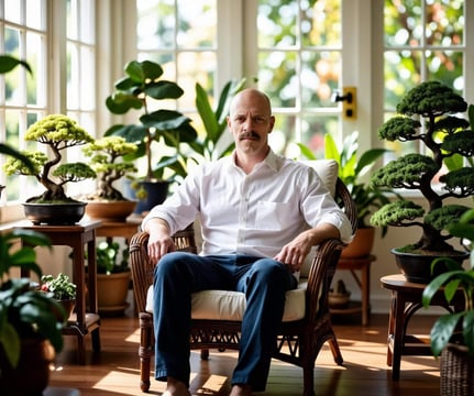 The Bonsai Boi sitting in his brightly sun kissed sunroom surrounded by bonsai and plants.