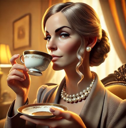 Snobbish woman sipping tea with a smug expression in a cozy tearoom.