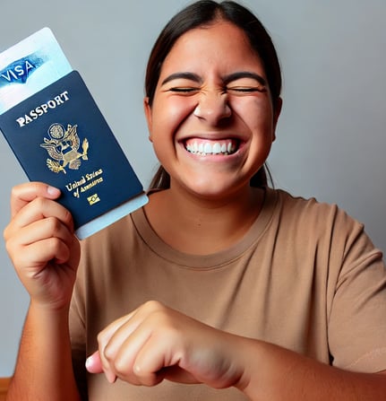 Pessoa alegre segurando seu passaporte aberto em uma página com um novo visto americano, simbolizand