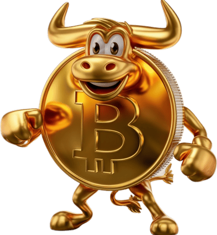 a gold coin with a bullish face and a bitcoin bitcoin