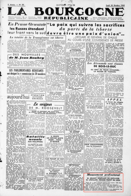 La Bourgogne 26/10/1944 nomination de Marcel Lanquetin et mise à disposition de Maurice Papon ...