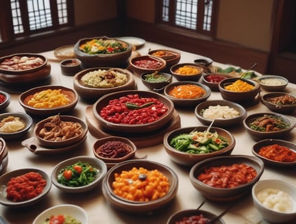 A steaming bowl of Korean stew with large chunks of tofu immersed in a spicy red broth is presented in a black stone pot. Accompanying the stew, there is a small bowl of white rice and what appears to be a Korean pancake on a separate white plate in the background.