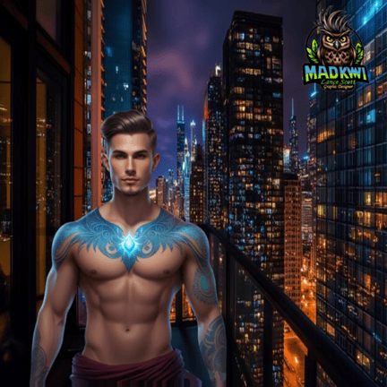 a man with tattoos on his chest outside in the city on a starry evening for a romantic evening