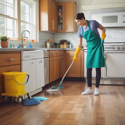 a woman in a green apron and yellow gloves cleaning a kitchen